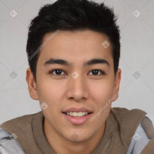 Joyful latino young-adult male with short  brown hair and brown eyes