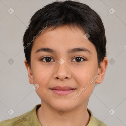 Joyful white child female with short  brown hair and brown eyes