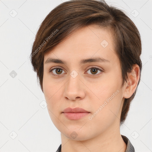 Neutral white young-adult female with medium  brown hair and brown eyes