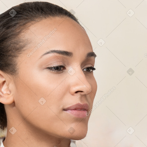 Neutral white young-adult female with short  brown hair and brown eyes