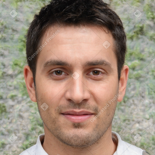 Joyful white young-adult male with short  brown hair and brown eyes