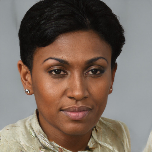 Joyful black young-adult female with short  brown hair and brown eyes