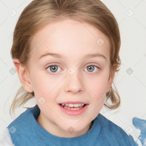 Joyful white child female with medium  brown hair and blue eyes