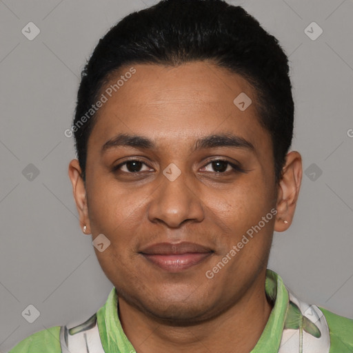 Joyful black young-adult male with short  black hair and brown eyes