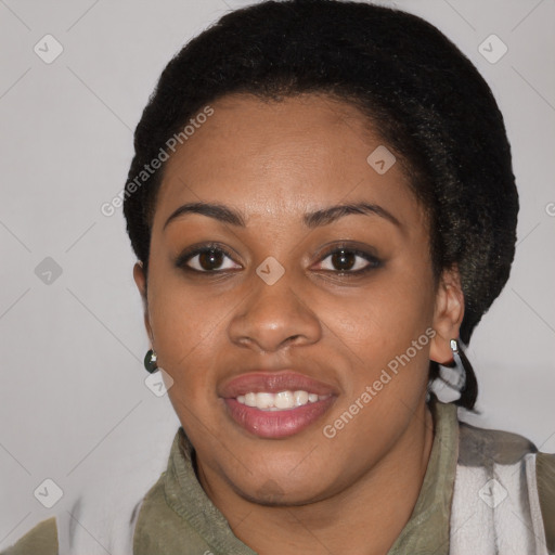 Joyful black young-adult female with short  black hair and brown eyes