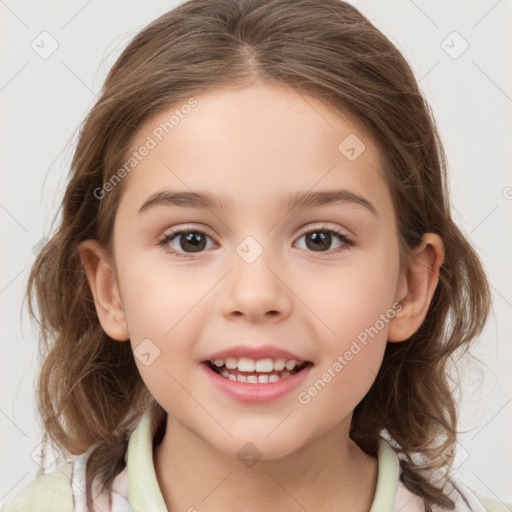 Joyful white child female with medium  brown hair and brown eyes