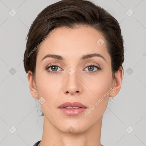 Neutral white young-adult female with medium  brown hair and brown eyes