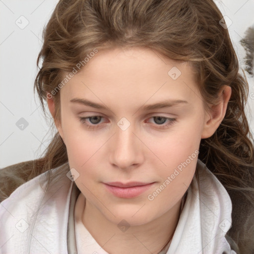 Joyful white child female with medium  brown hair and brown eyes