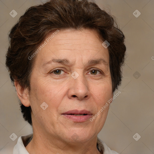 Joyful white middle-aged female with short  brown hair and brown eyes