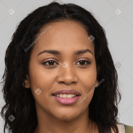 Joyful latino young-adult female with long  brown hair and brown eyes