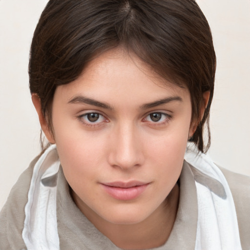 Neutral white young-adult female with medium  brown hair and brown eyes