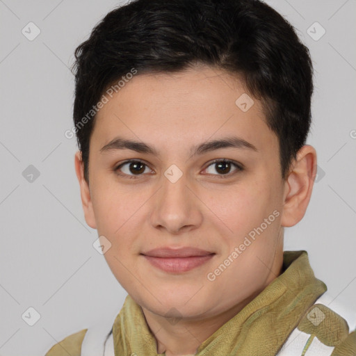 Joyful white young-adult female with short  brown hair and brown eyes