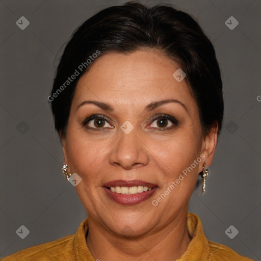 Joyful white adult female with short  brown hair and brown eyes