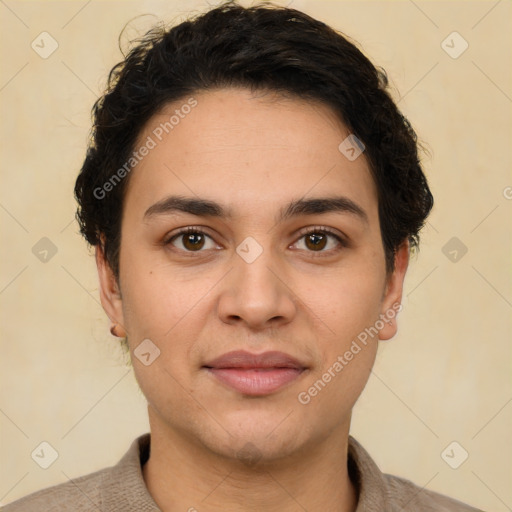 Joyful white young-adult female with short  brown hair and brown eyes