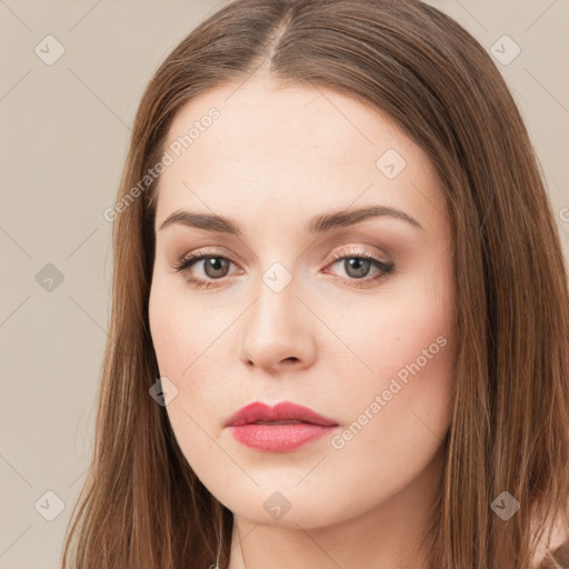 Neutral white young-adult female with long  brown hair and brown eyes