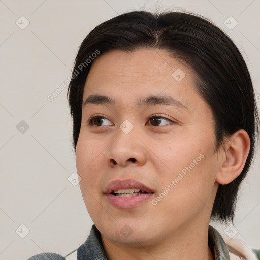 Joyful white young-adult male with medium  brown hair and brown eyes