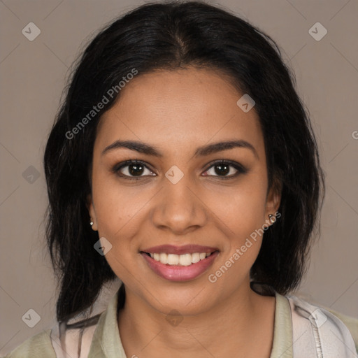 Joyful latino young-adult female with medium  black hair and brown eyes