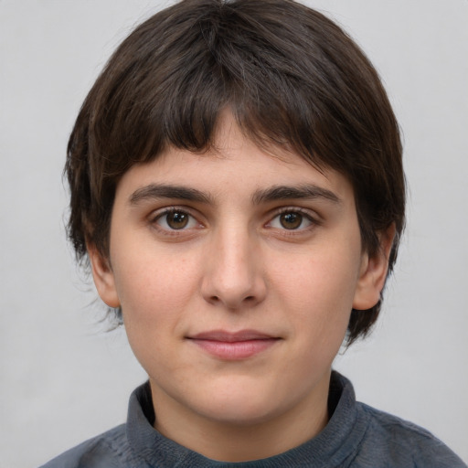Joyful white young-adult male with medium  brown hair and brown eyes