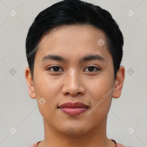 Joyful asian young-adult male with short  black hair and brown eyes