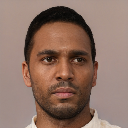 Neutral black young-adult male with short  black hair and brown eyes