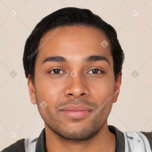 Neutral latino young-adult male with short  black hair and brown eyes