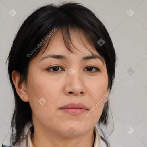 Neutral white young-adult female with medium  brown hair and brown eyes