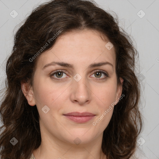 Joyful white young-adult female with medium  brown hair and green eyes