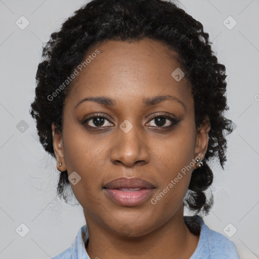 Joyful black young-adult female with medium  black hair and brown eyes