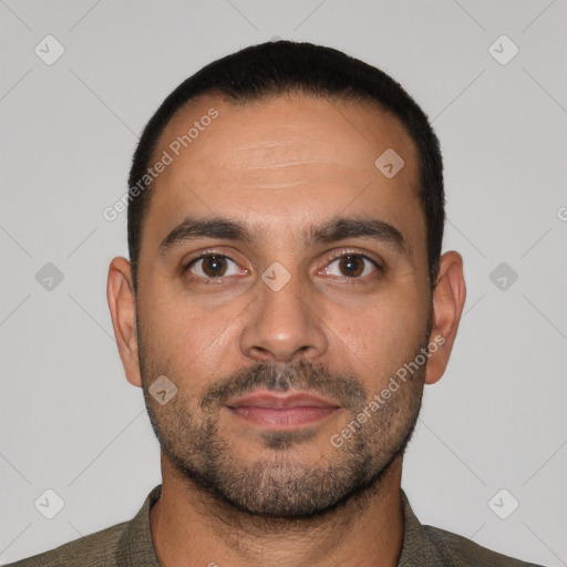 Neutral white young-adult male with short  black hair and brown eyes