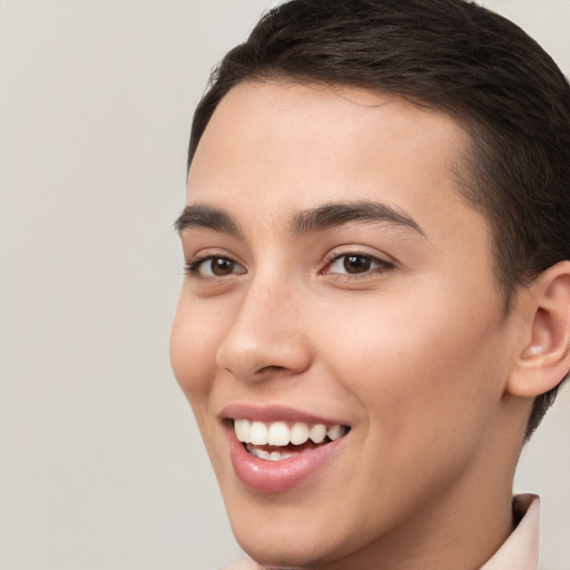 Joyful white young-adult female with short  brown hair and brown eyes