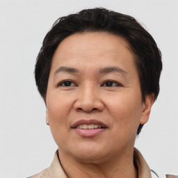 Joyful asian adult female with short  brown hair and brown eyes