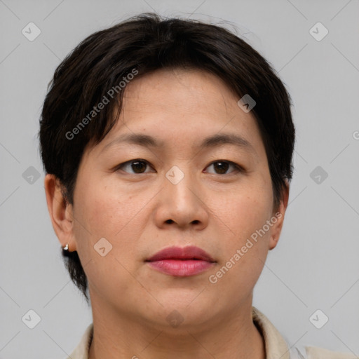 Neutral asian adult female with short  brown hair and brown eyes