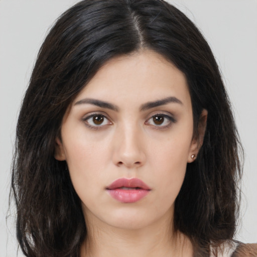 Neutral asian young-adult female with long  black hair and brown eyes