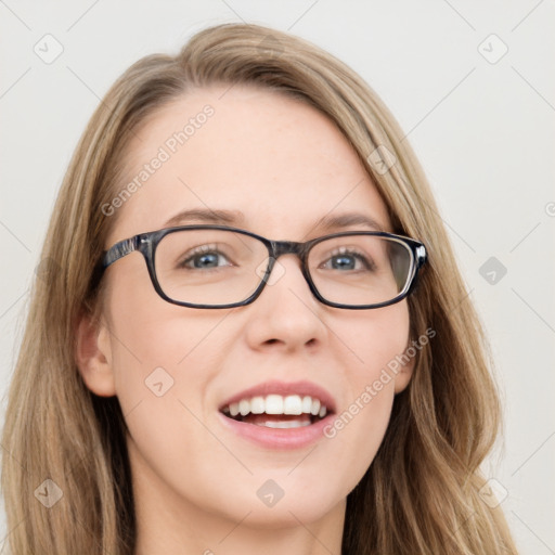 Joyful white young-adult female with long  brown hair and blue eyes