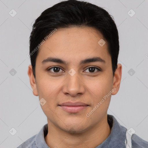 Joyful latino young-adult male with short  black hair and brown eyes