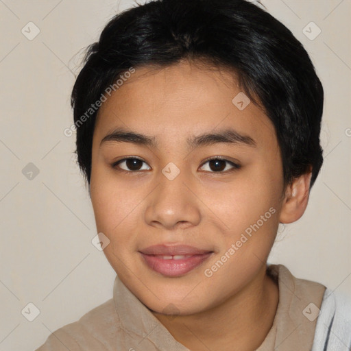 Joyful asian young-adult female with medium  black hair and brown eyes