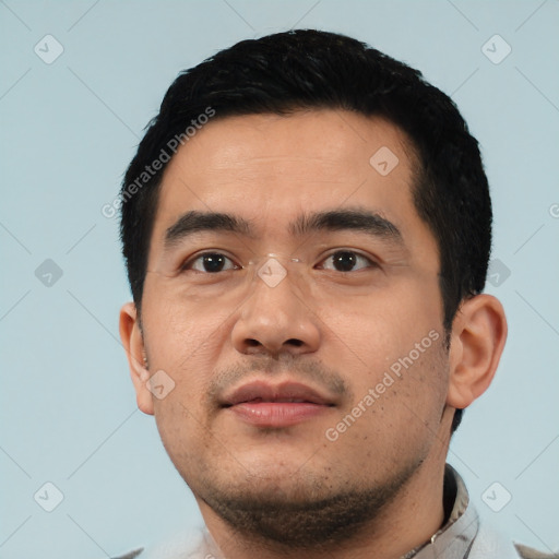 Neutral asian young-adult male with short  black hair and brown eyes