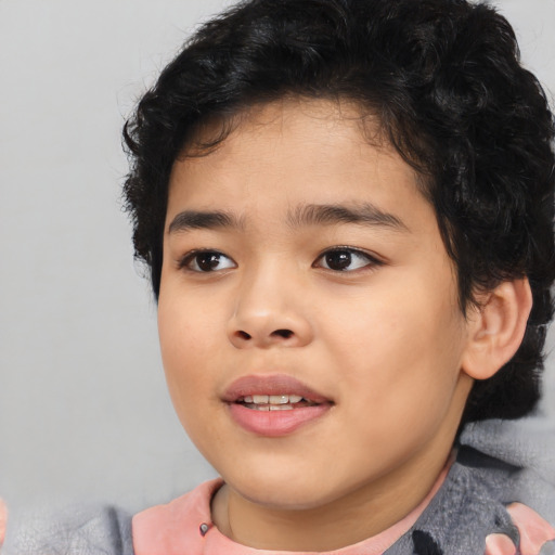 Joyful asian child female with medium  brown hair and brown eyes