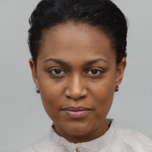 Joyful black young-adult female with short  black hair and brown eyes