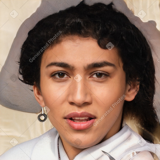 Joyful latino young-adult female with medium  black hair and brown eyes