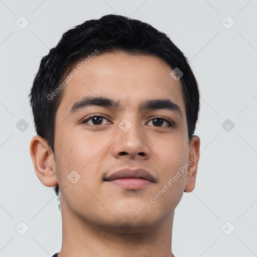 Neutral asian young-adult male with short  black hair and brown eyes