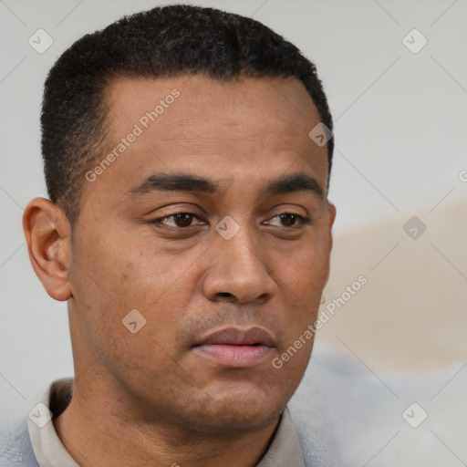 Neutral latino young-adult male with short  brown hair and brown eyes