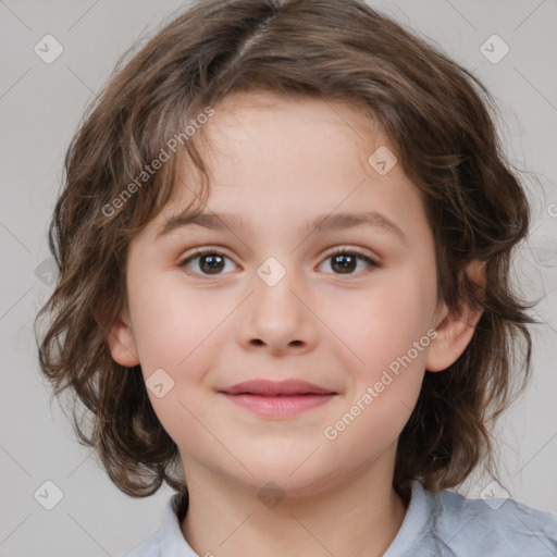 Joyful white child female with medium  brown hair and brown eyes