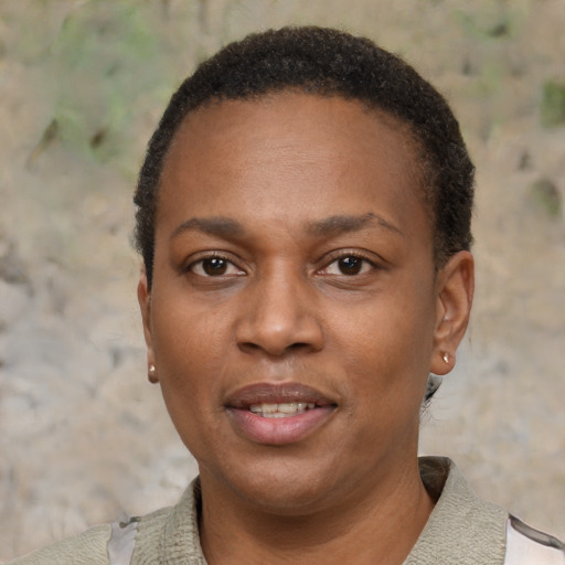 Neutral black young-adult female with short  black hair and brown eyes