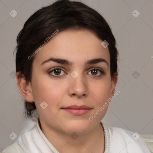 Neutral white young-adult female with medium  brown hair and brown eyes