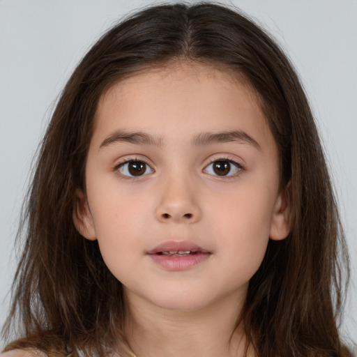 Neutral white child female with long  brown hair and brown eyes