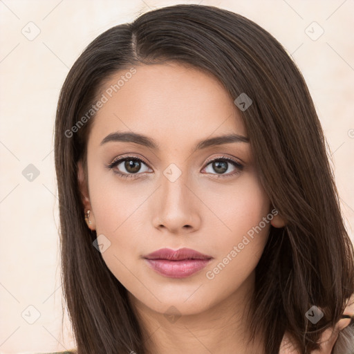 Neutral white young-adult female with long  brown hair and brown eyes