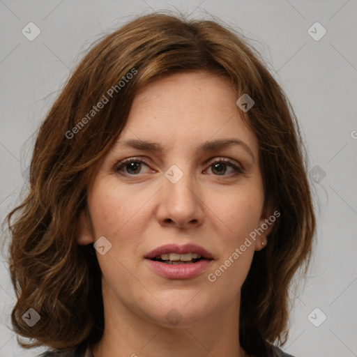 Joyful white young-adult female with medium  brown hair and green eyes