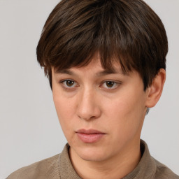 Neutral white young-adult female with short  brown hair and brown eyes