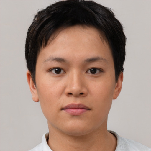 Neutral asian young-adult female with short  brown hair and brown eyes